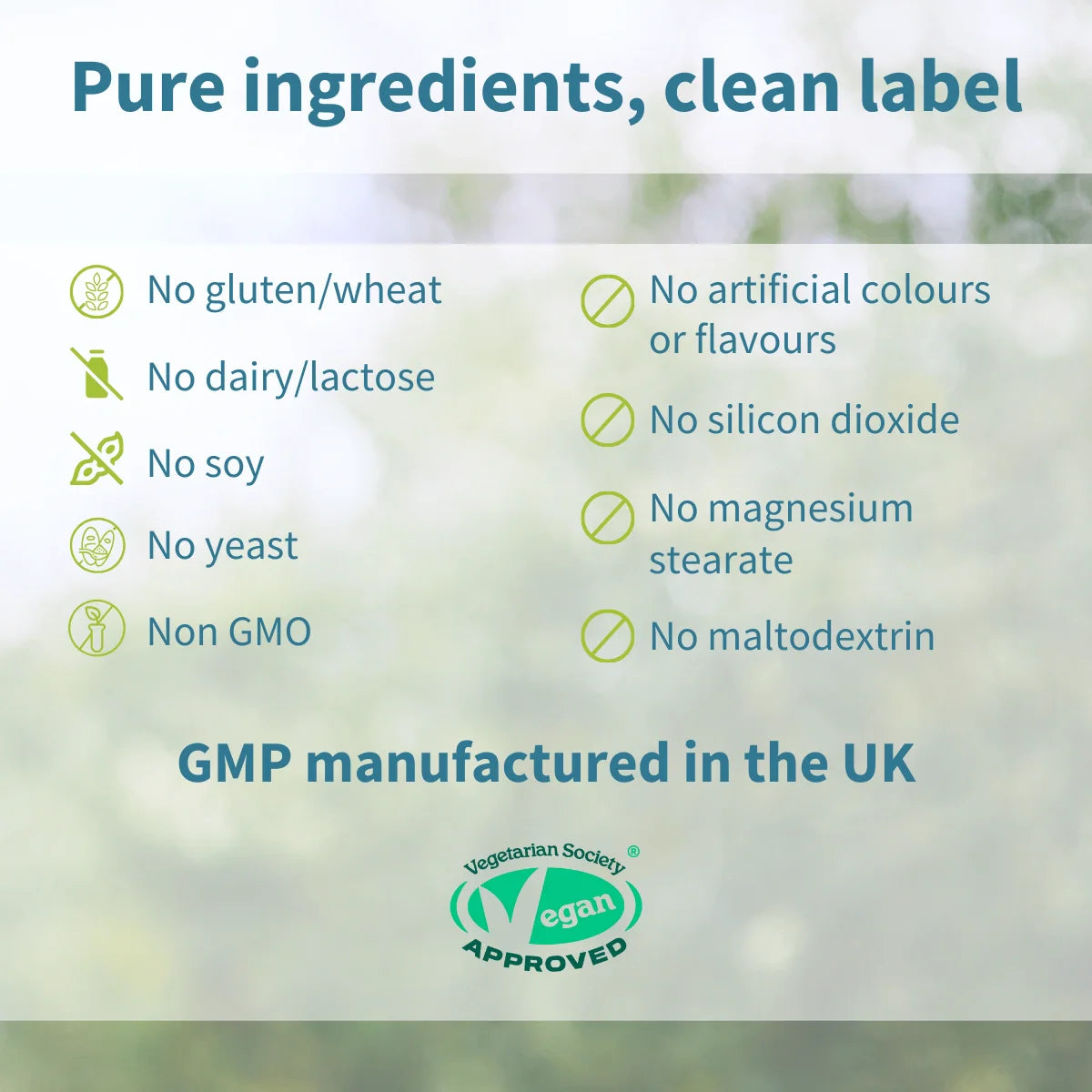 List of pure ingredients and certification details on a blurred natural background
