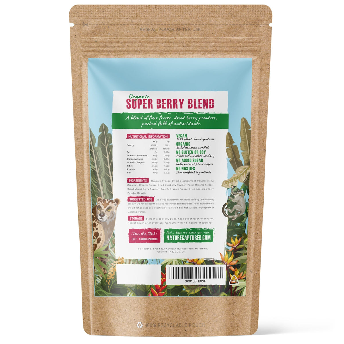 Organic Super Berry Blend - Freeze-Dried Blueberry, Blackcurrant, Acerola Cherry & Maqui- 125g Powder - Nature Captured - Organic Berry Powder