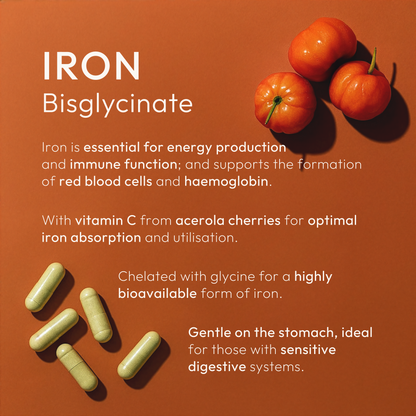 Iron Bisglycinate supplement with acerola cherries on an orange background
