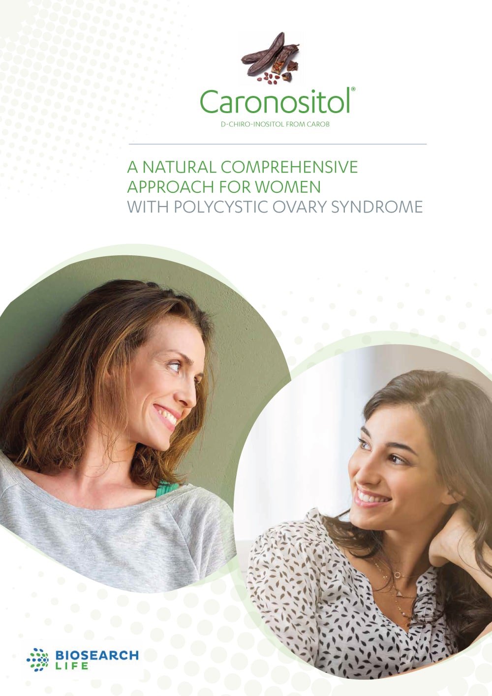 Brochure for Caronositol, a natural approach for women with Polycystic Ovary Syndrome, featuring two women smiling.