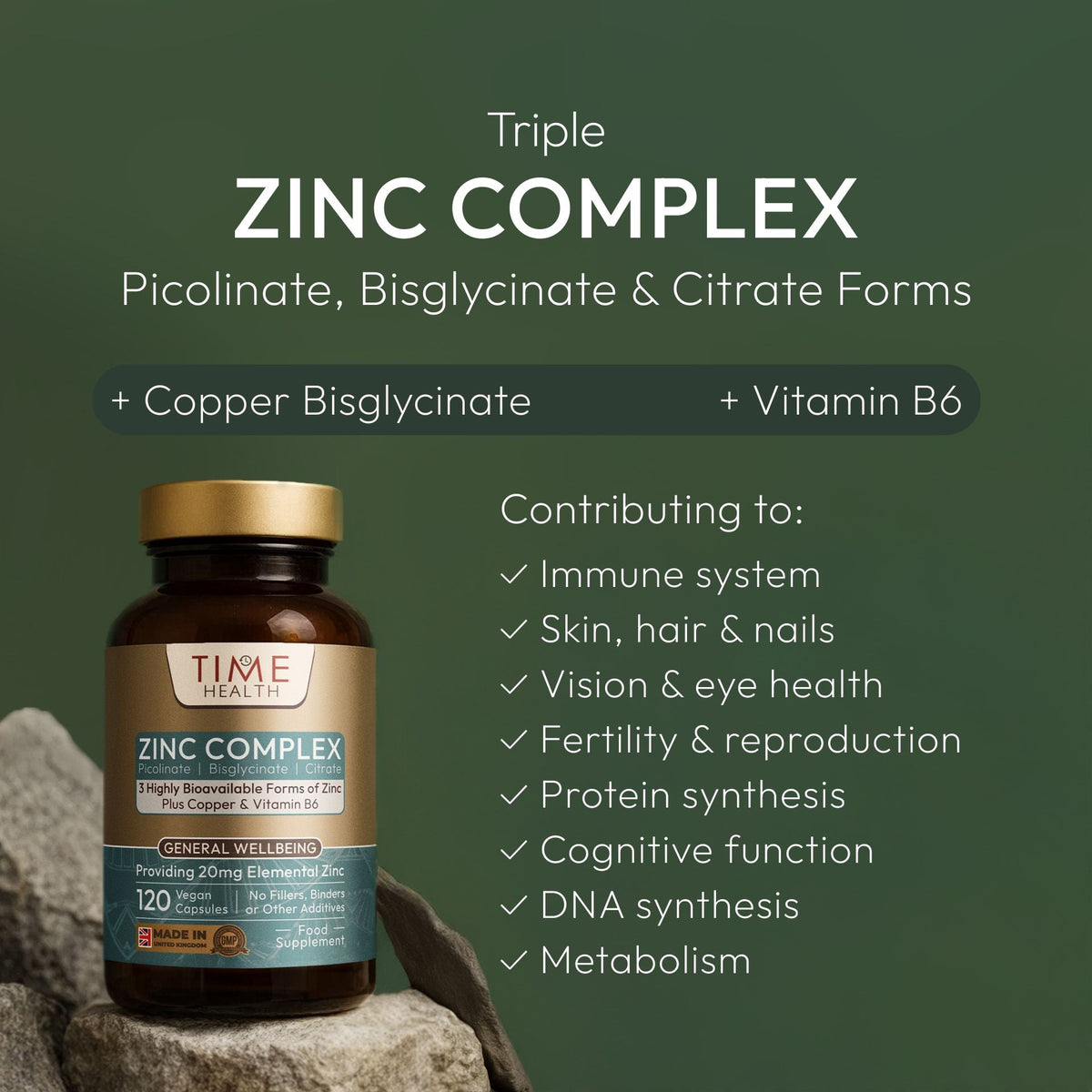 Bottle of Time Health Zinc Complex supplement with product details on a green background | Hover